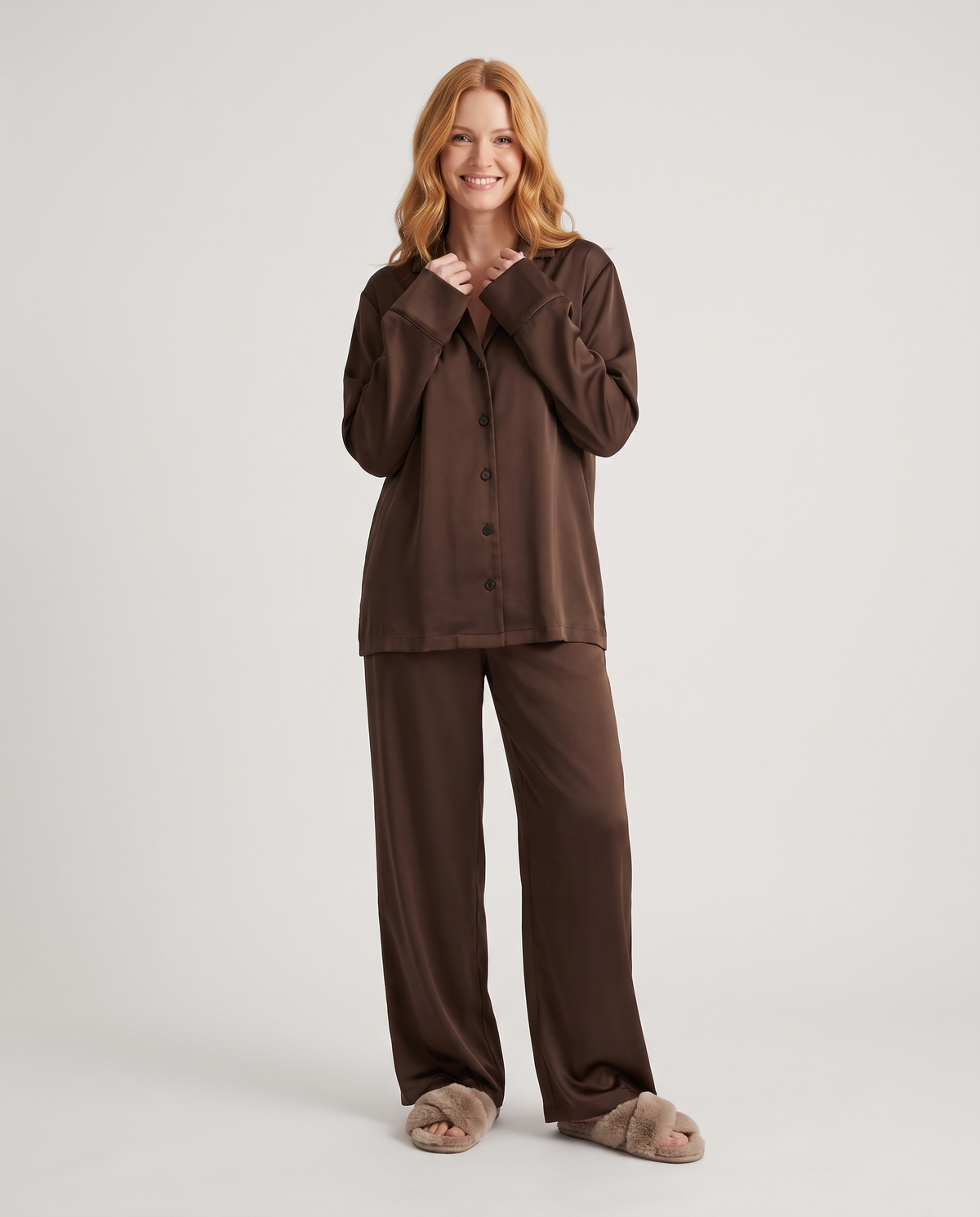 Button Up Wide Leg Pyjama Lounge Set in Dark Brown