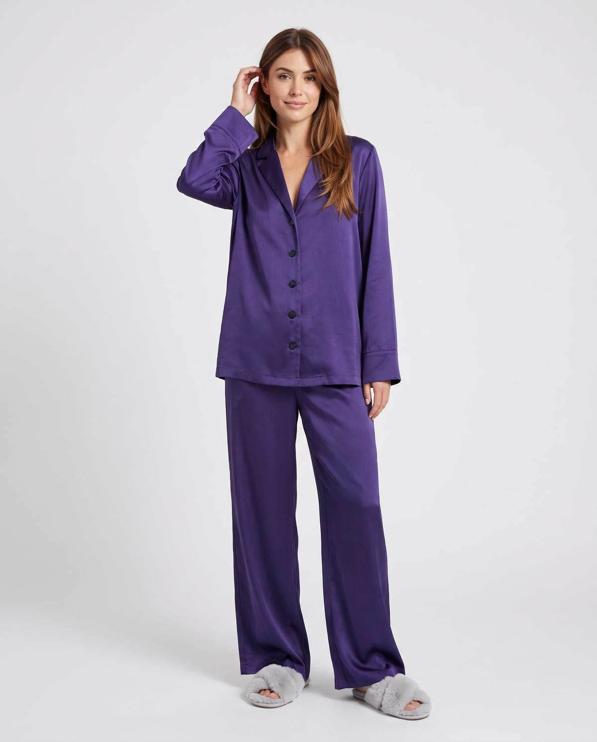 Button Up Wide Leg Pyjama Lounge Set in Dark Purple