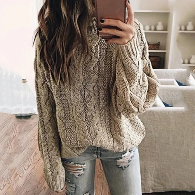 Nancy Women's Cable Knit Off the Shoulder Jumper - Khaki