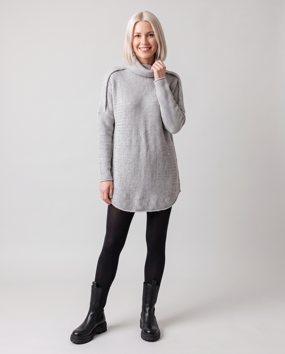 Chunky Funnel Neck Knitted Jumper Dress in Grey