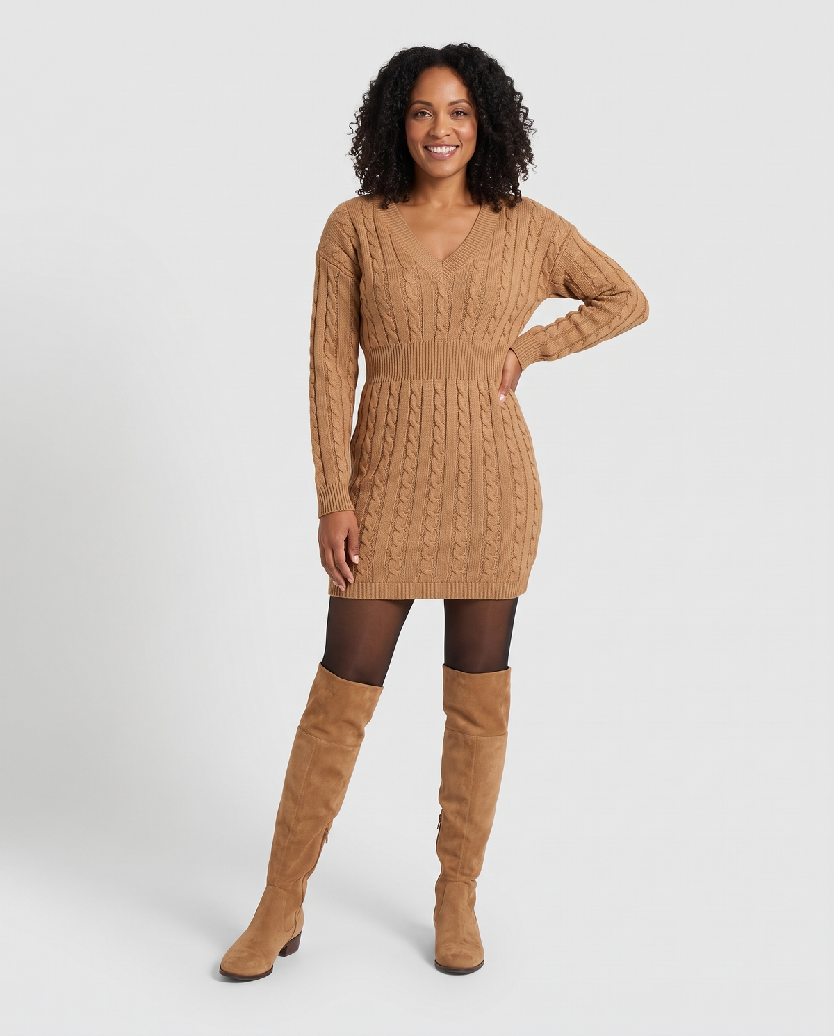 Cinched Waist Cable Knitted Jumper Dress in Camel