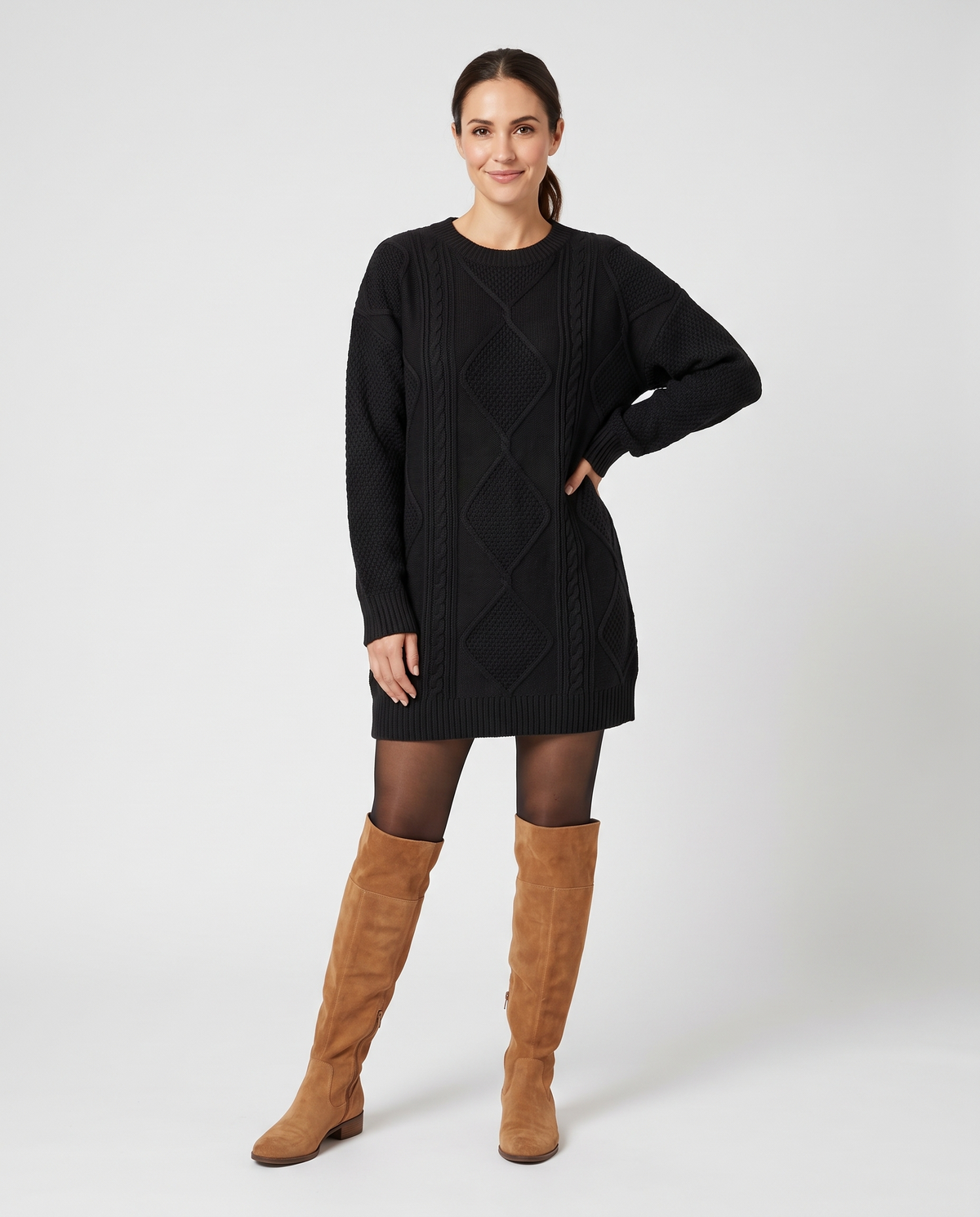 Classic Cable Knitted Jumper Dress in Black