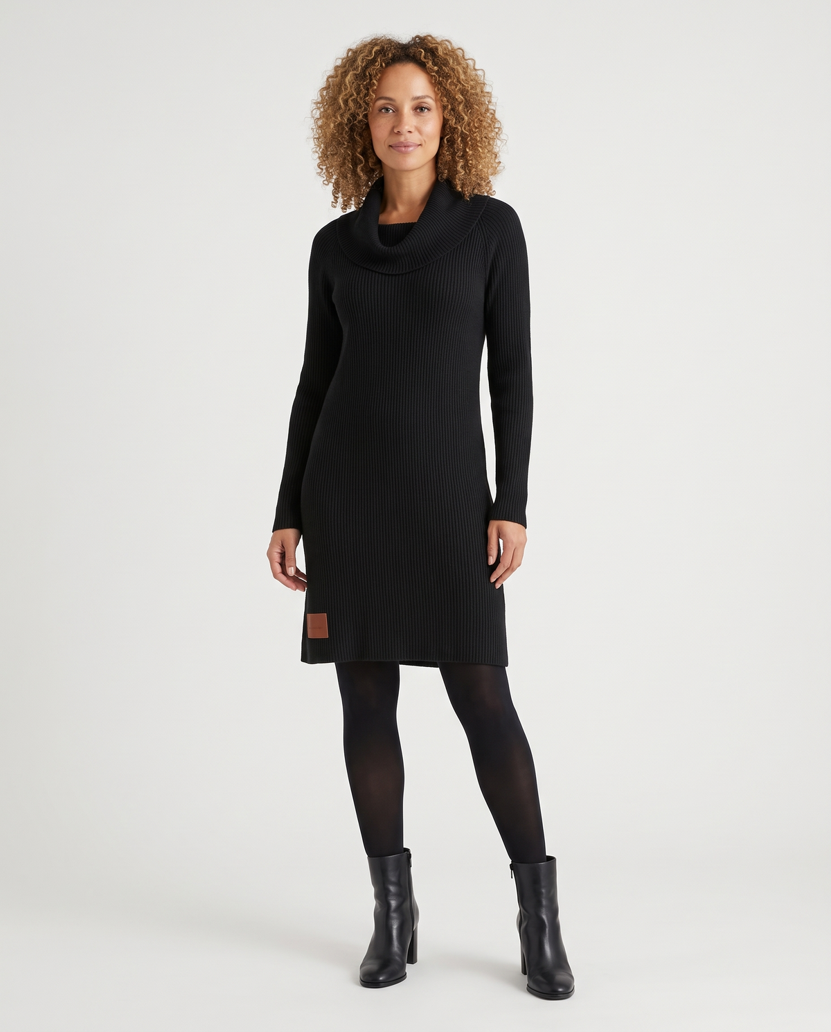 Cowl Neck Ribbed Knitted Jumper Dress in Black
