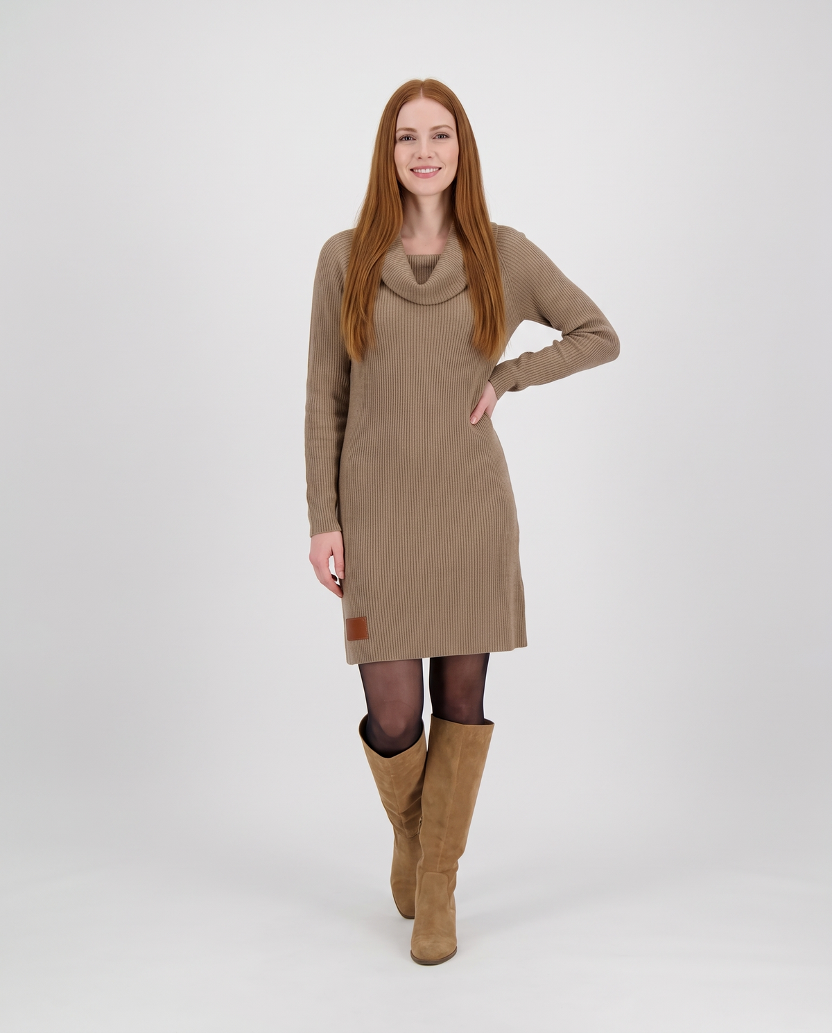 Cowl Neck Ribbed Knitted Jumper Dress in Khaki