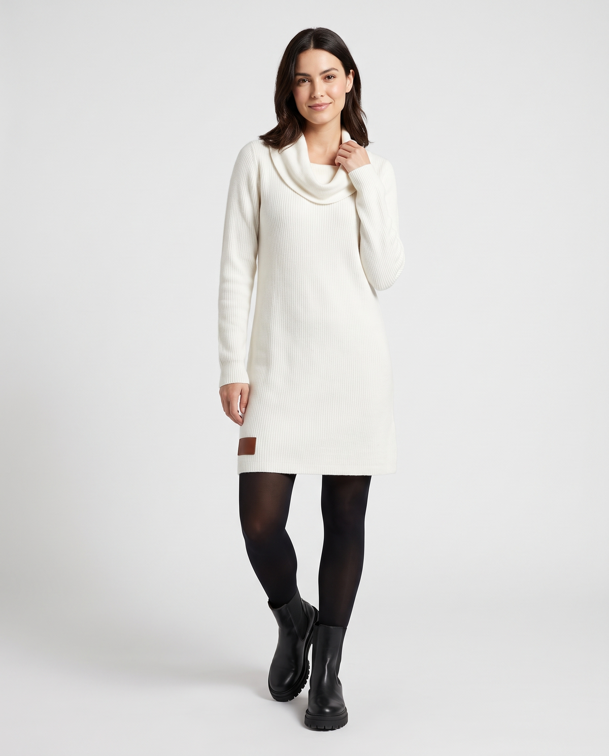 Cowl Neck Ribbed Knitted Jumper Dress in White