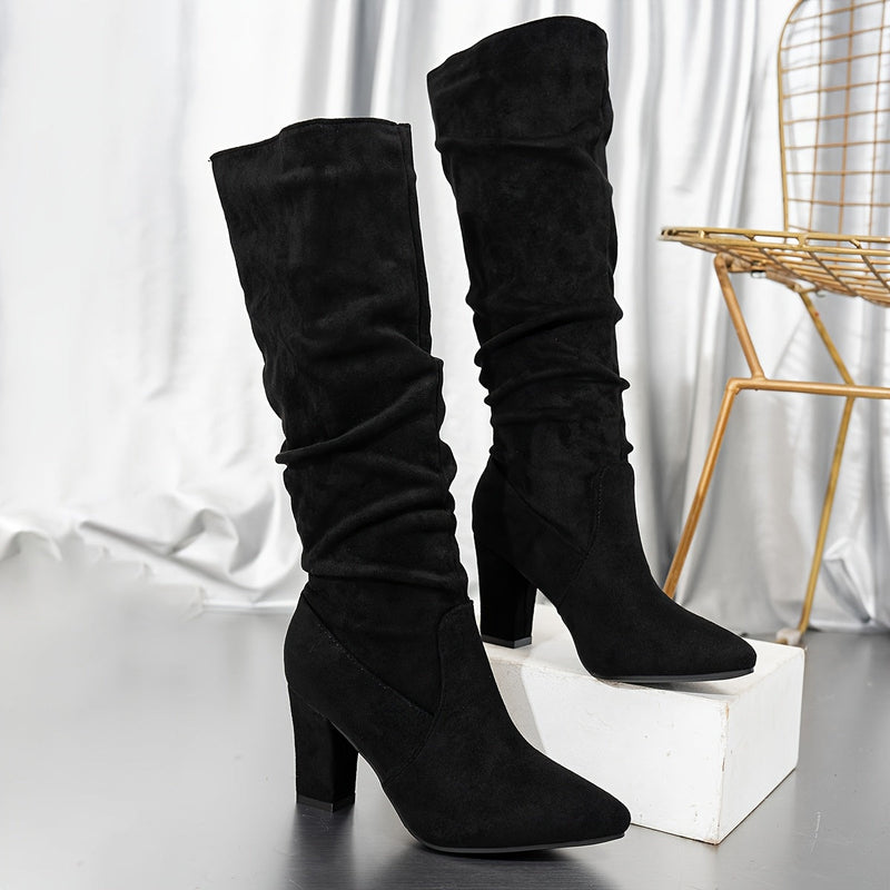 Dawn Women's Suede Winter Slouchy Heeled Knee High Boots - Black