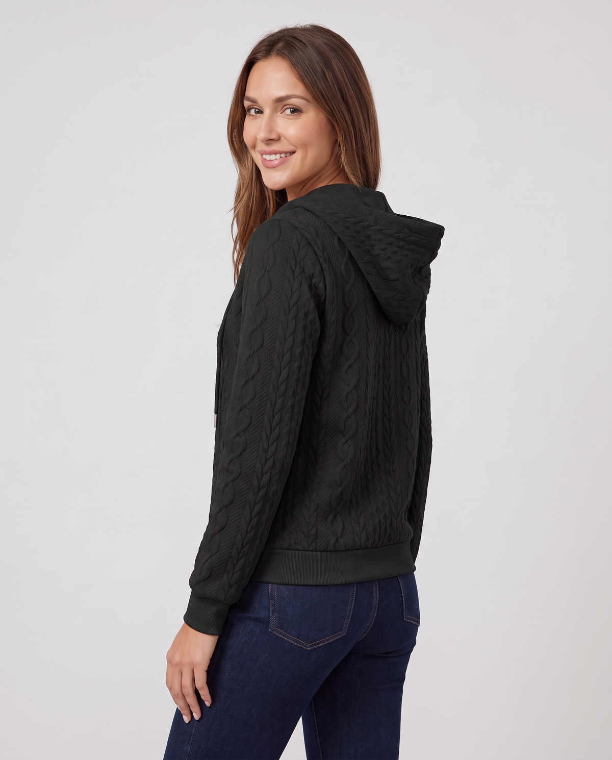 Fenella Women's Cable Textured Zip Up Hoodie - Black