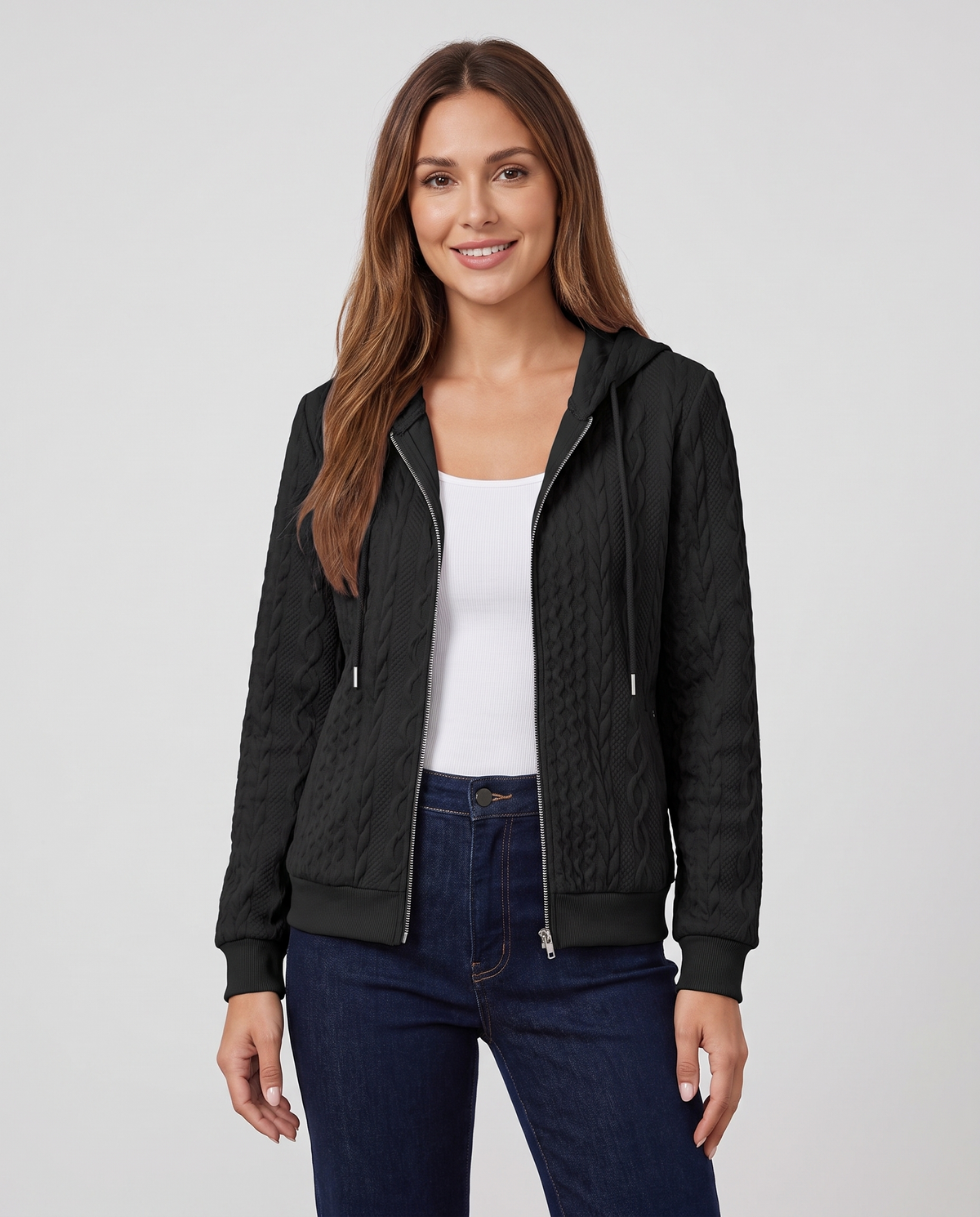 Fenella Women's Cable Textured Zip Up Hoodie - Black