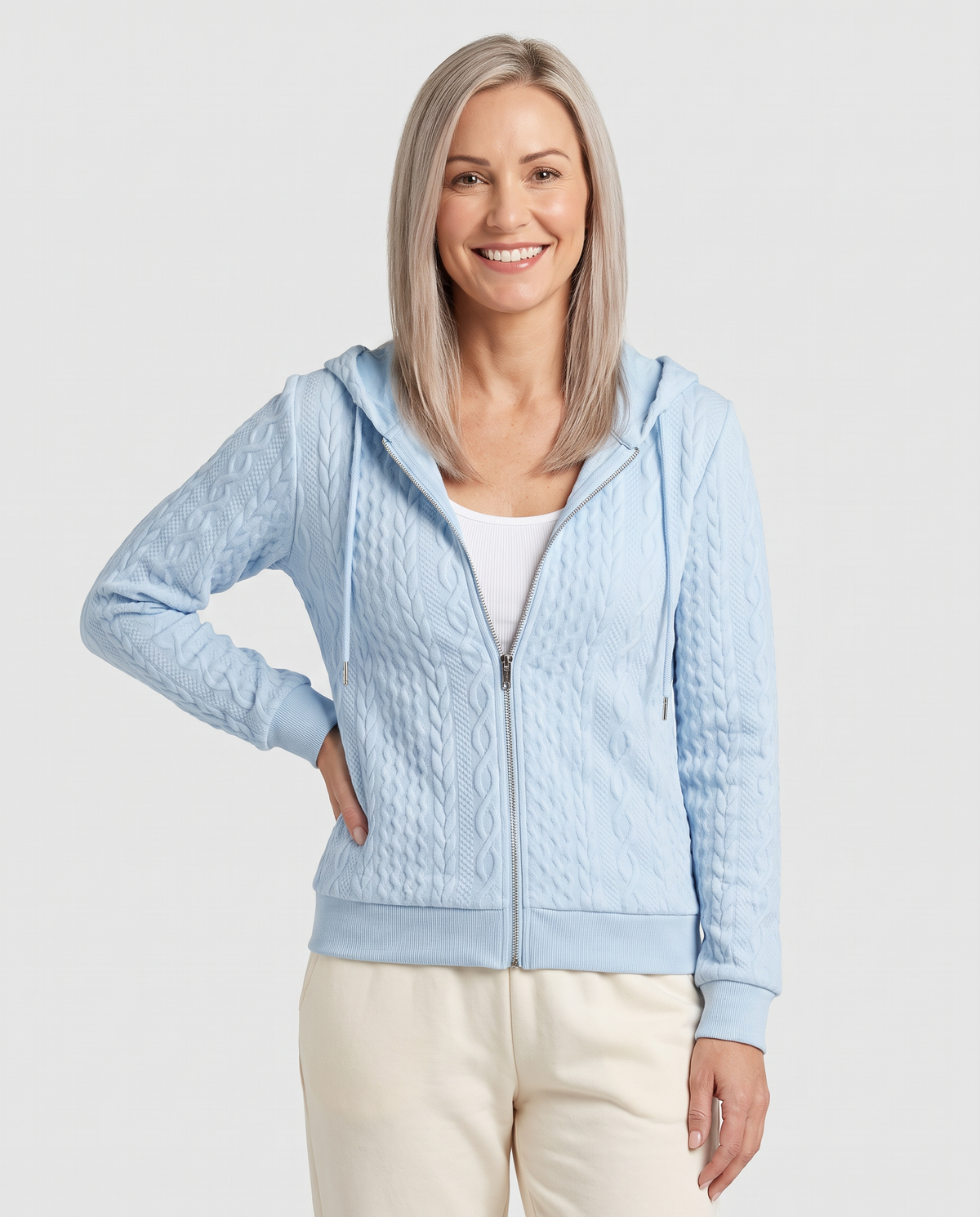 Fenella Women's Cable Textured Zip Up Hoodie - Sky Blue