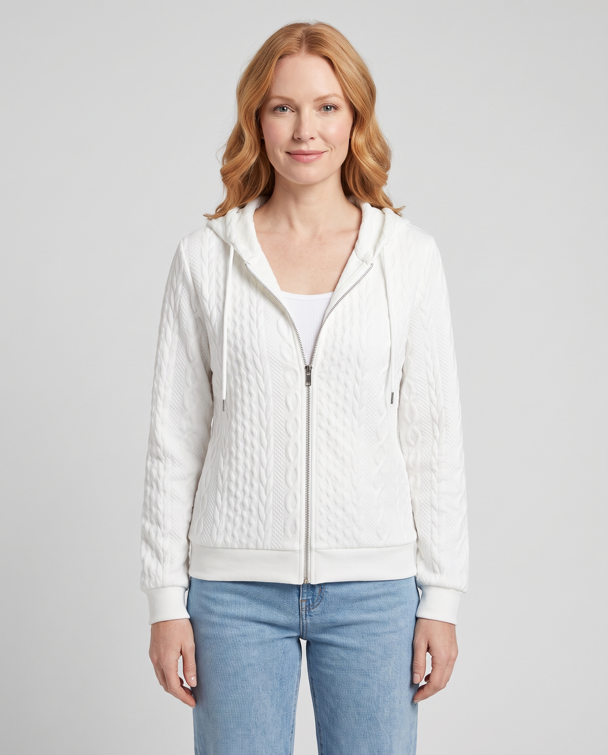 Fenella Women's Cable Textured Zip Up Hoodie - White