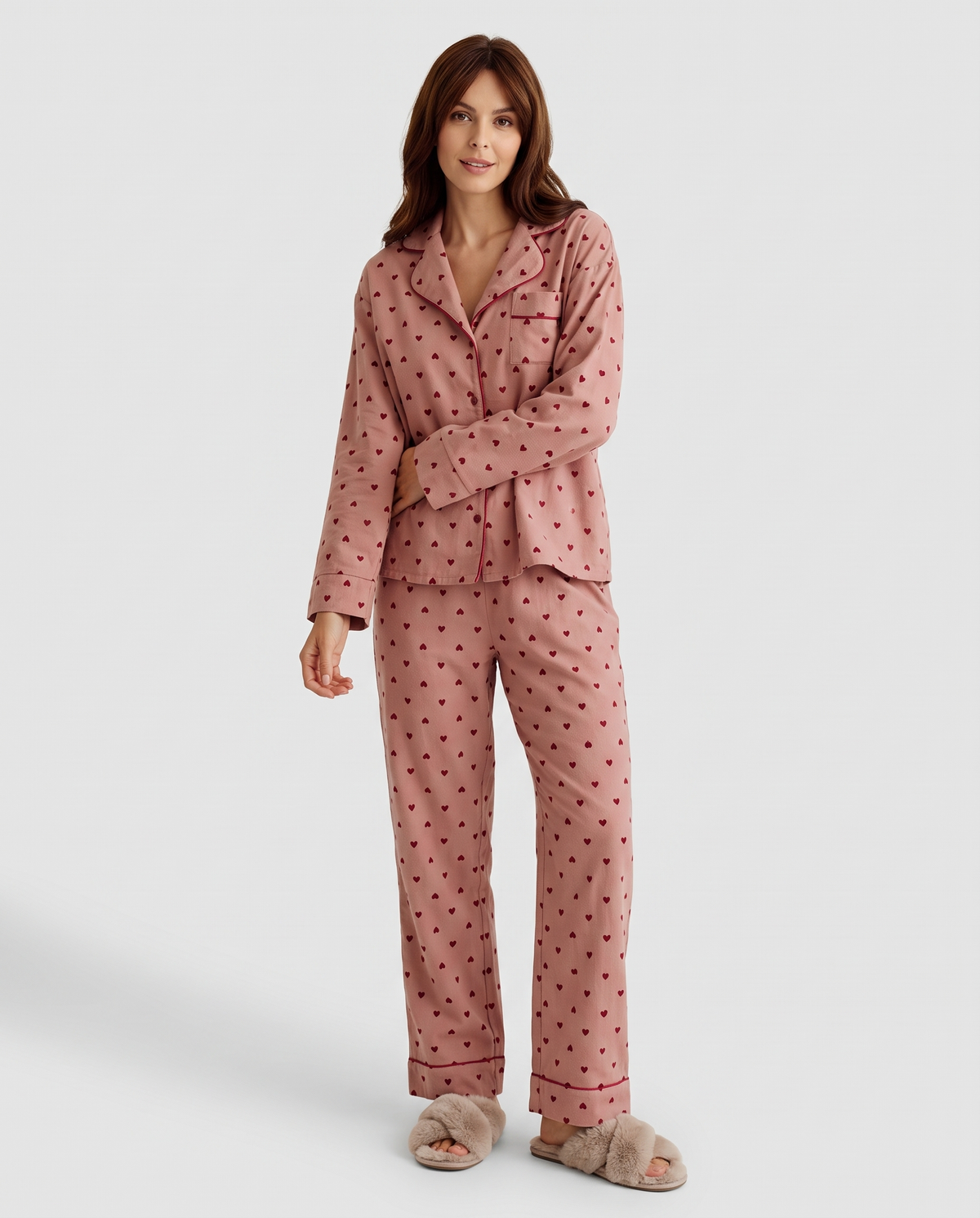 Heart Print Piped Pyjama Lounge Set in Pink