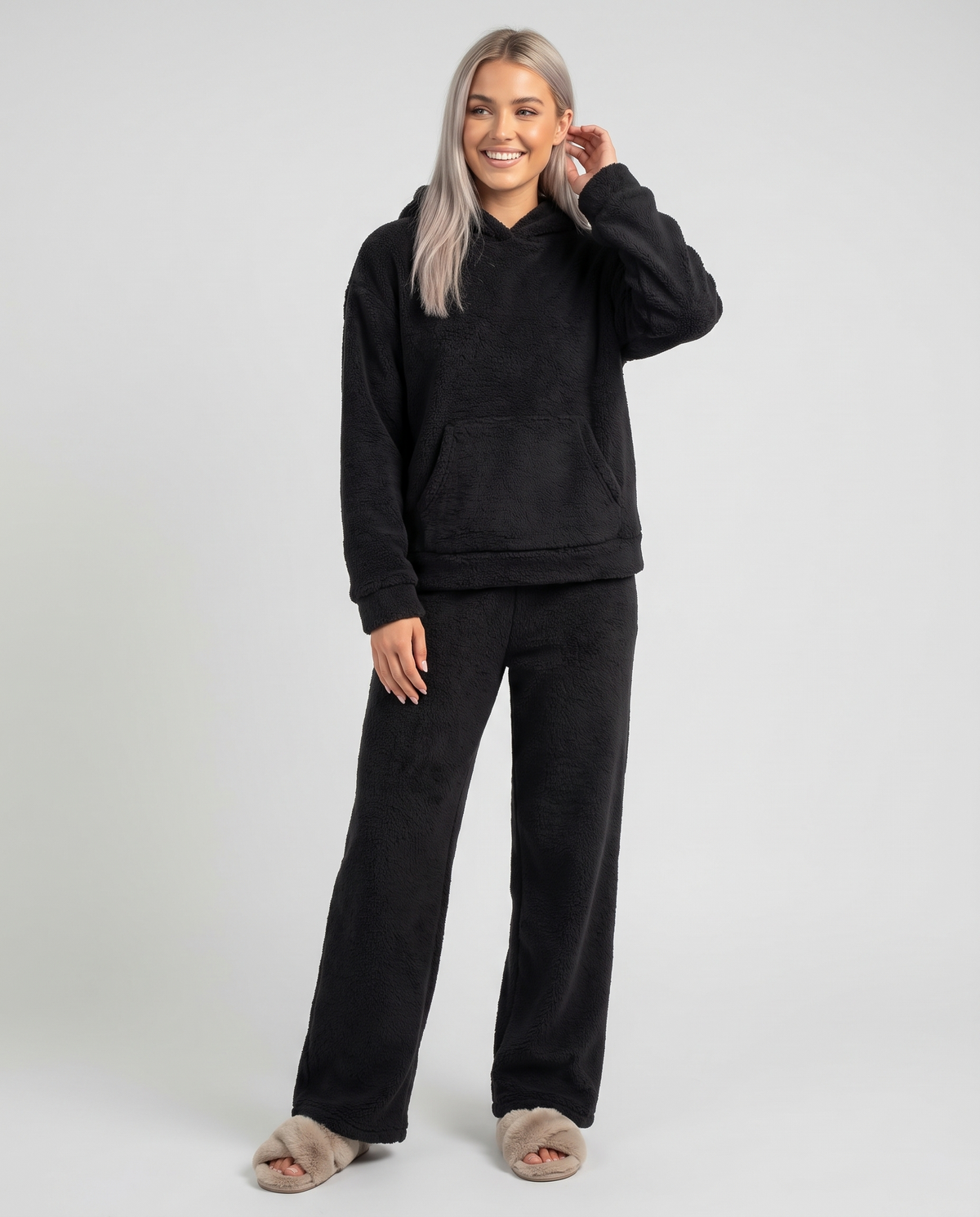 Hooded Fleece Pyjama Lounge Set in Black