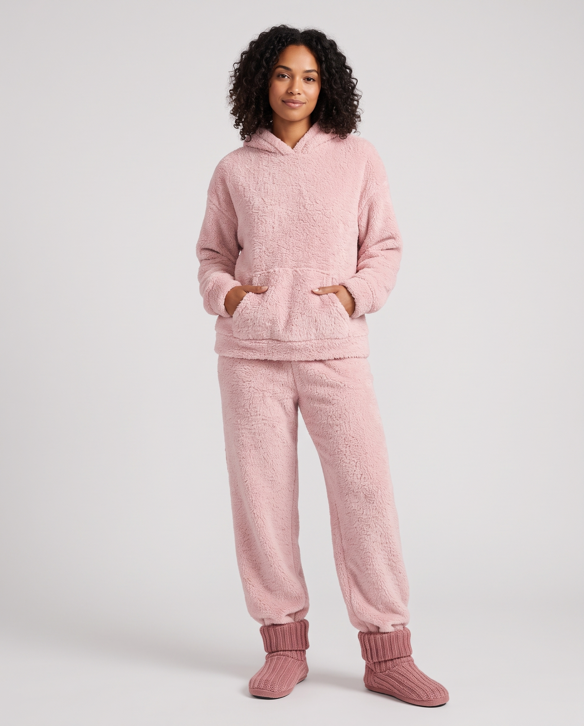 Hooded Fleece Pyjama Lounge Set in Pink