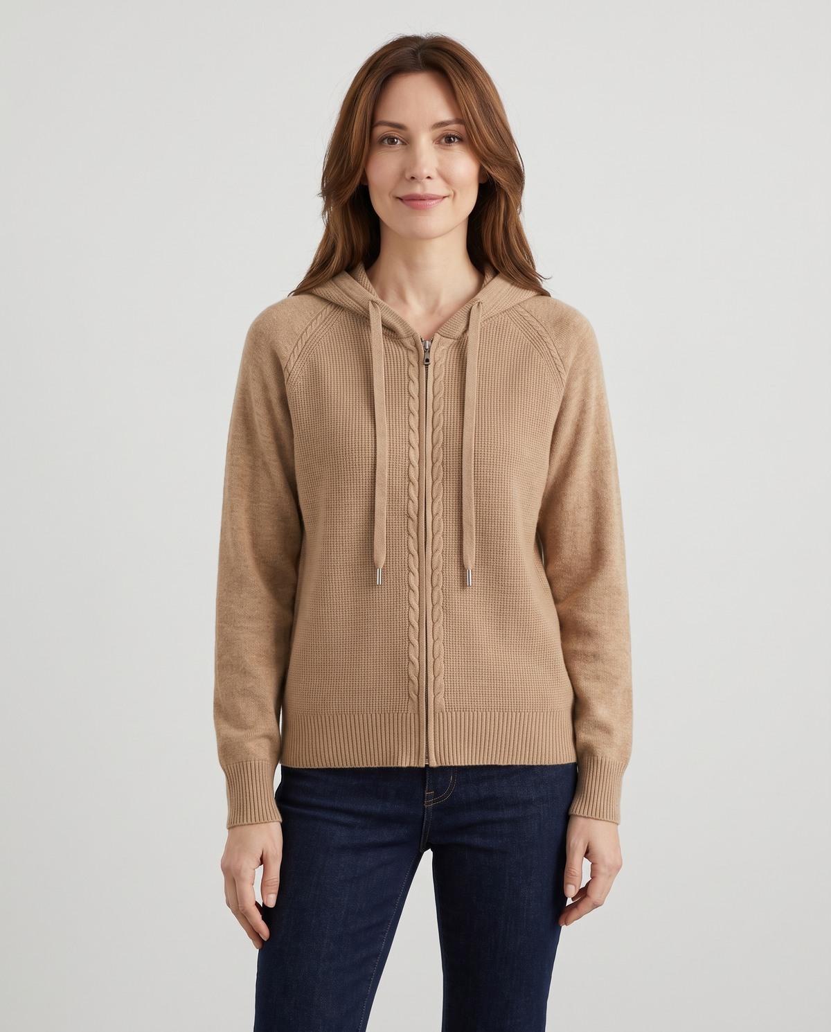 Imelda Women's Knitted Zip Up Hoodie - Camel