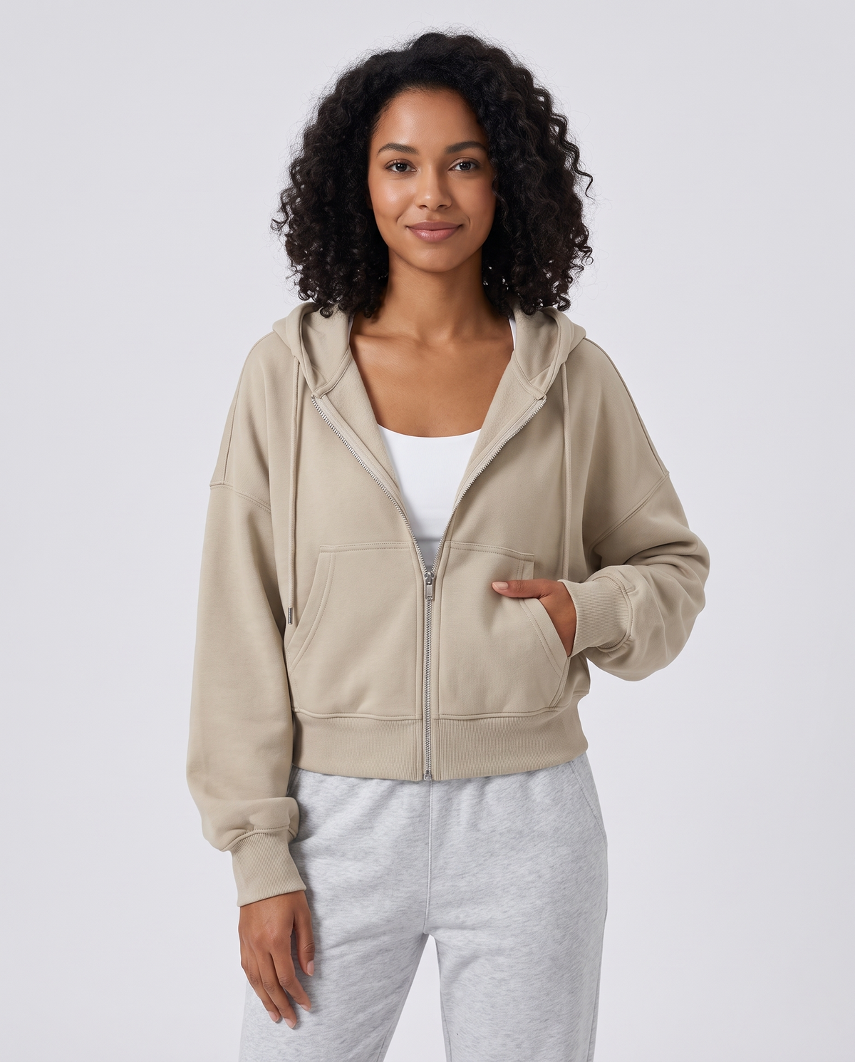 Keira Women's Cropped Zip Up Hoodie - Beige