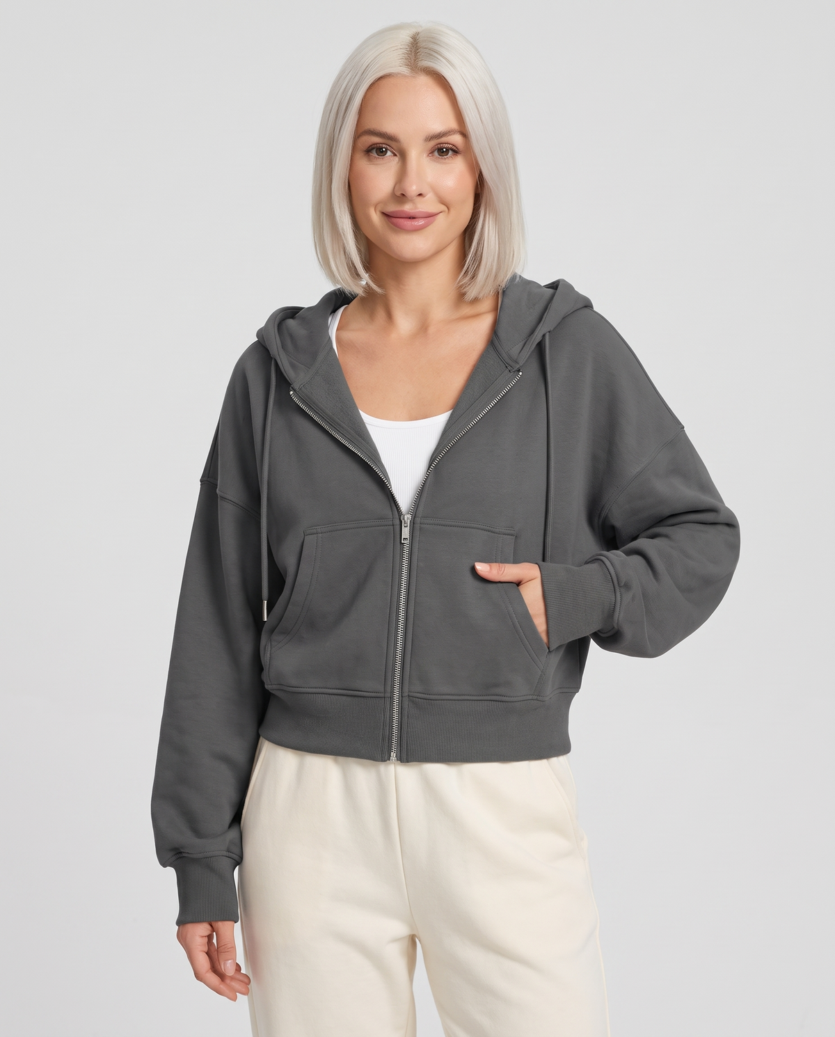 Keira Women's Cropped Zip Up Hoodie - Dark Grey