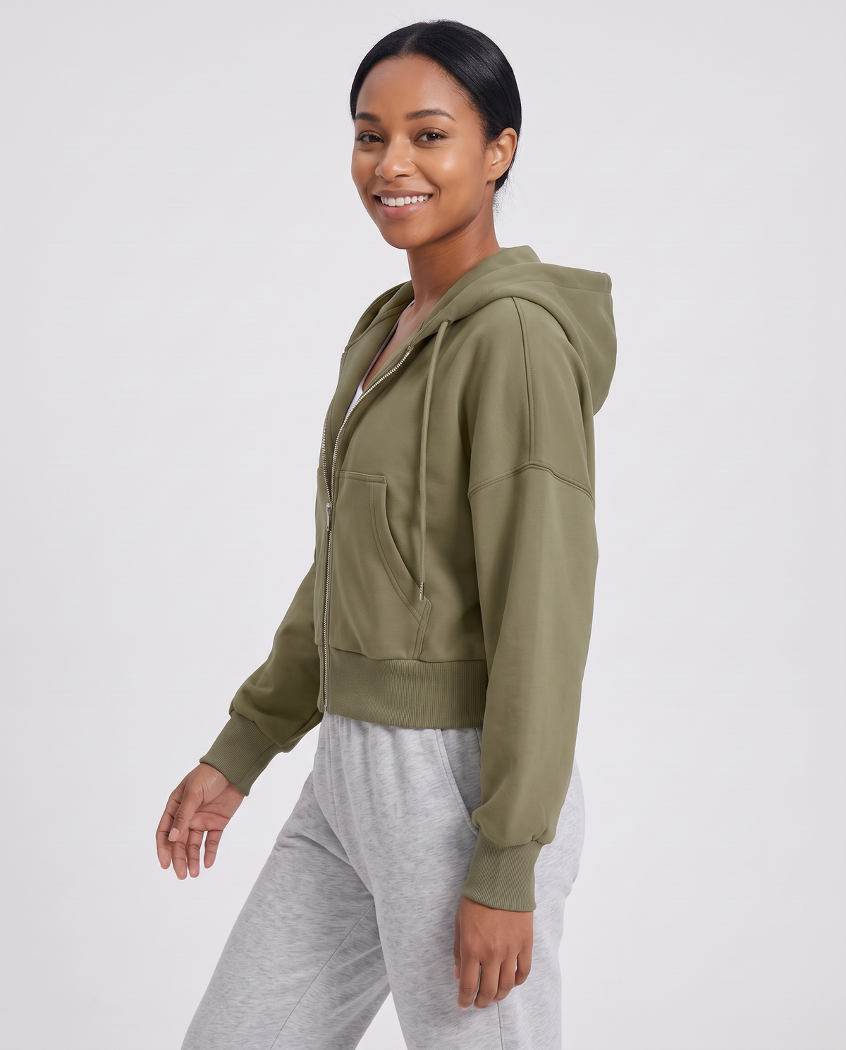 Keira Women's Cropped Zip Up Hoodie - Olive Green
