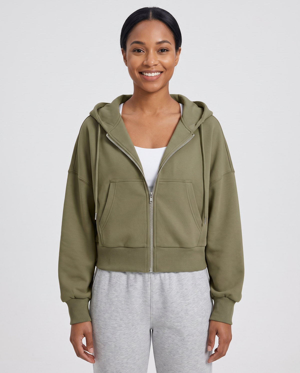 Keira Women's Cropped Zip Up Hoodie - Olive Green