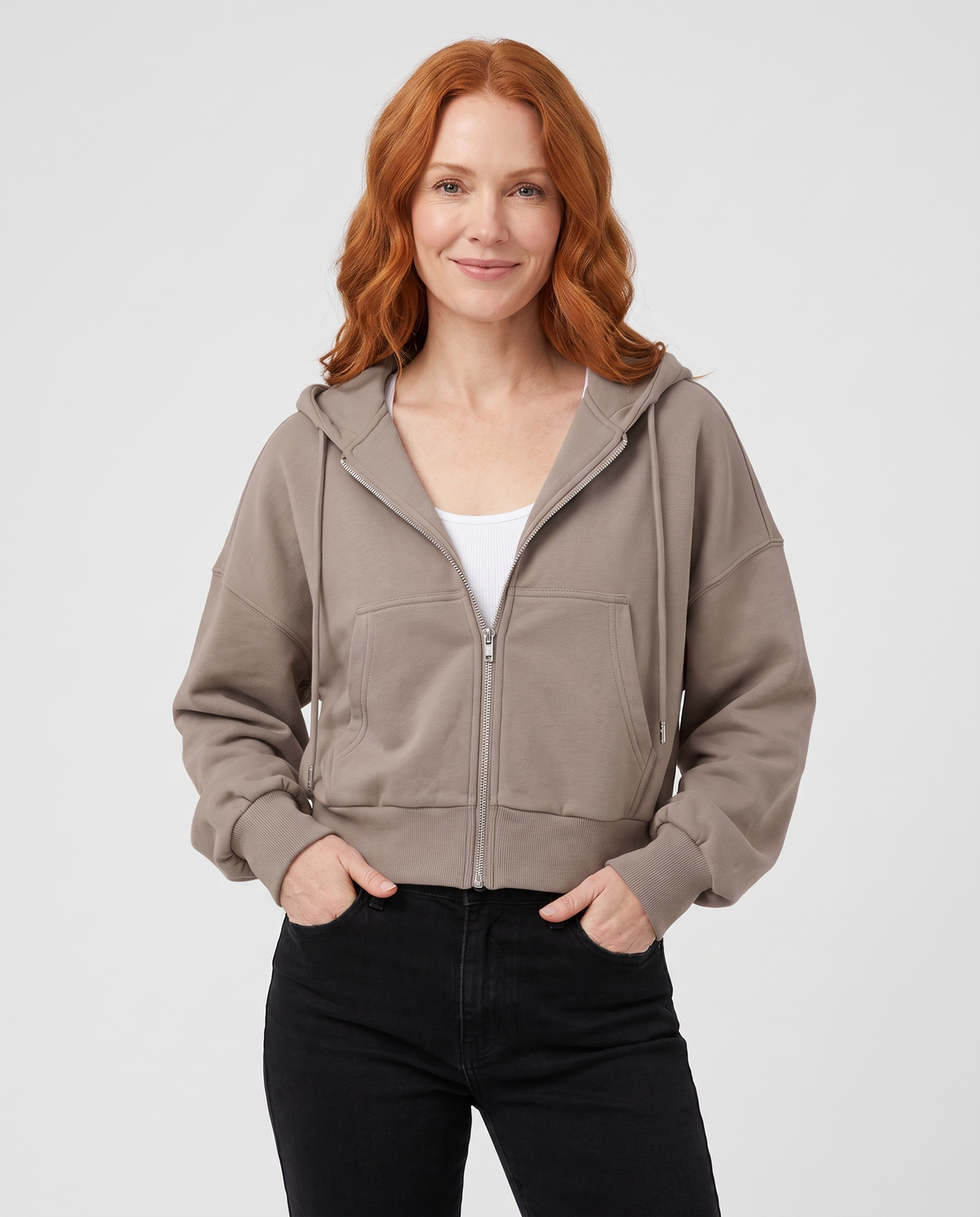 Keira Women's Cropped Zip Up Hoodie - Taupe