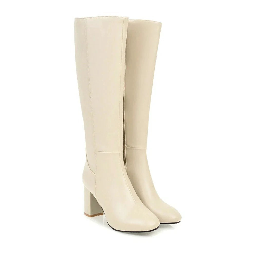 Women's Knee-High Heeled Boots with Side Zip Closure
