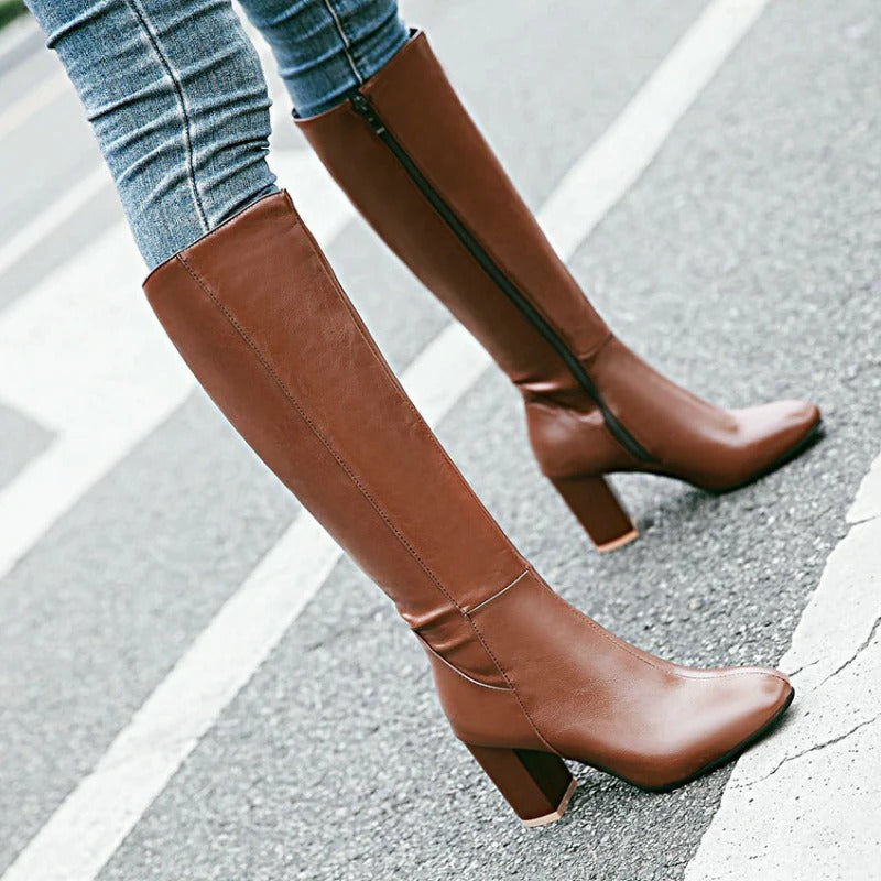 Women's Knee-High Heeled Boots with Side Zip Closure