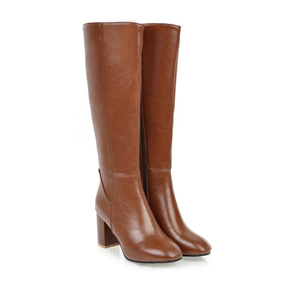 Women's Knee-High Heeled Boots with Side Zip Closure