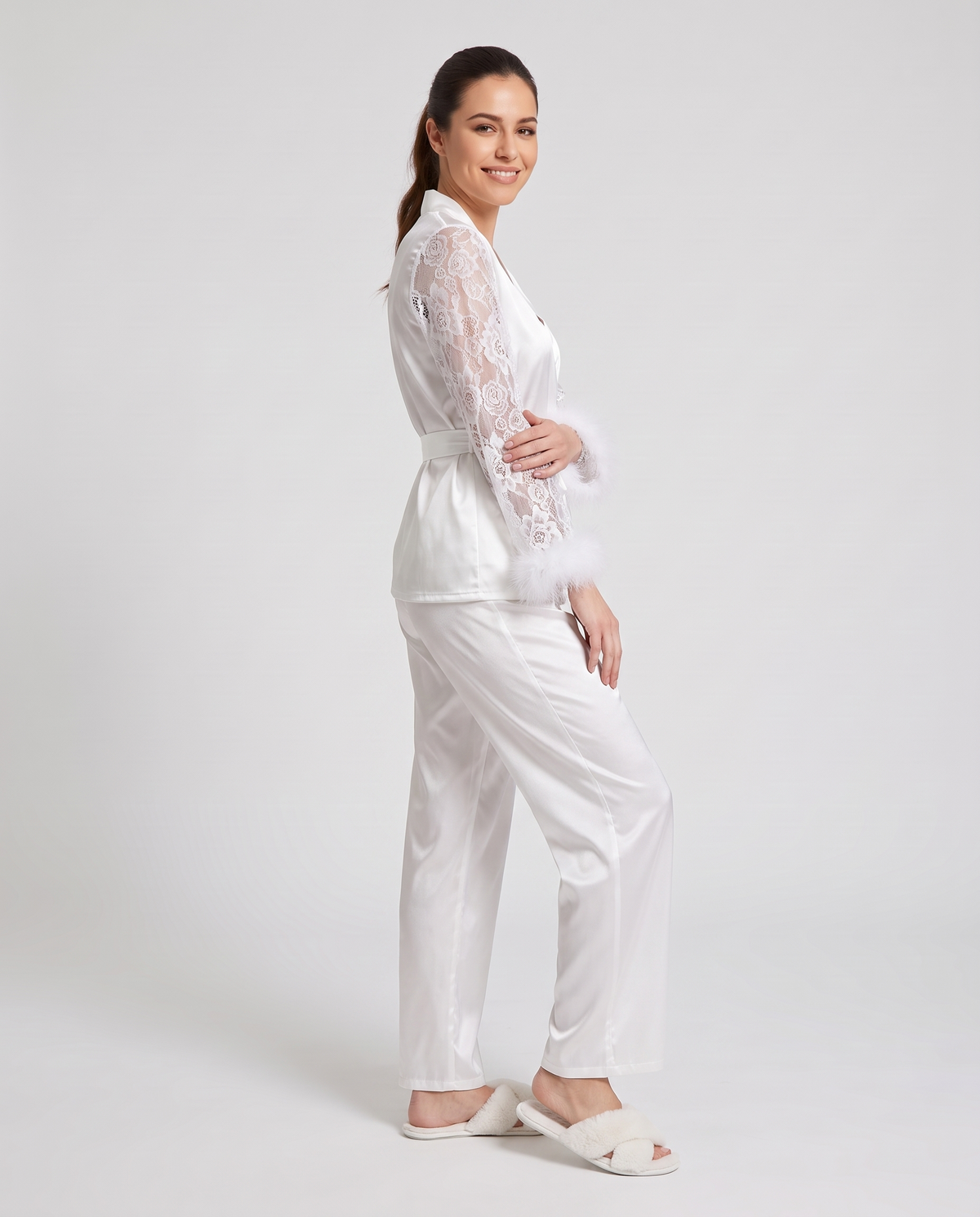Lace Trim Fuzzy Pyjama Lounge Set in White, three quarter view