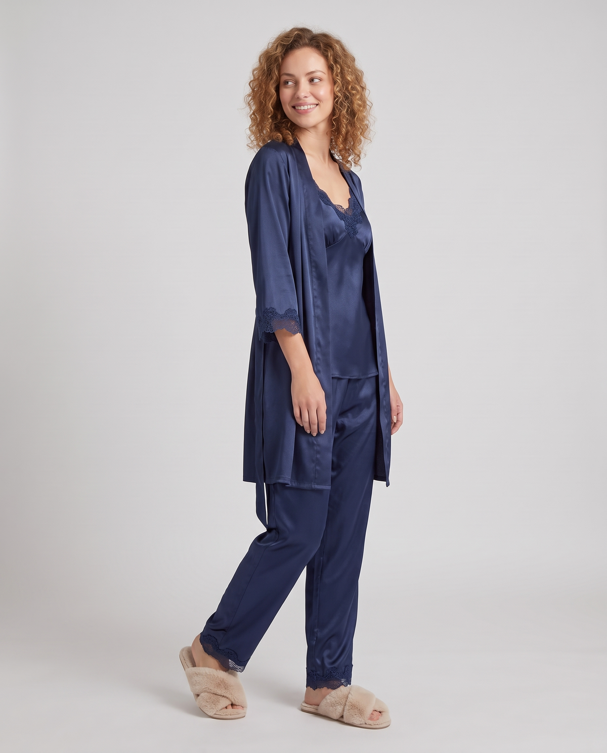 Lace Trim Satin Pyjama Set with Kimono in Navy Blue, three quarter view