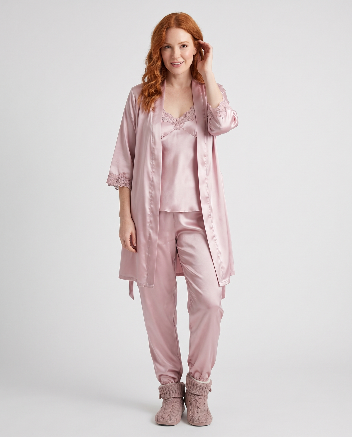Lace Trim Satin Pyjama Set with Kimono in Pink