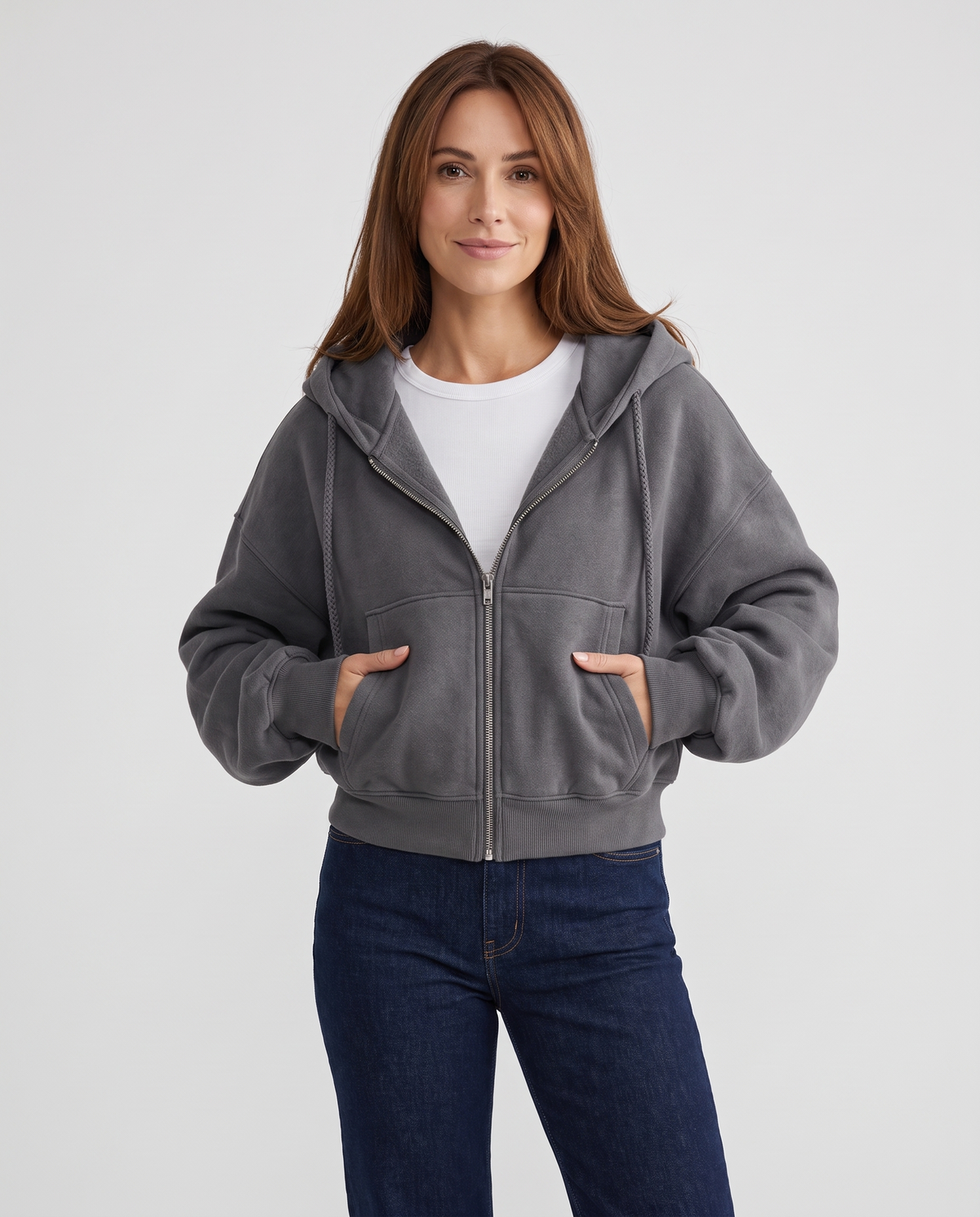 Lana Women's Cropped Zip Up Hoodie - Dark Grey