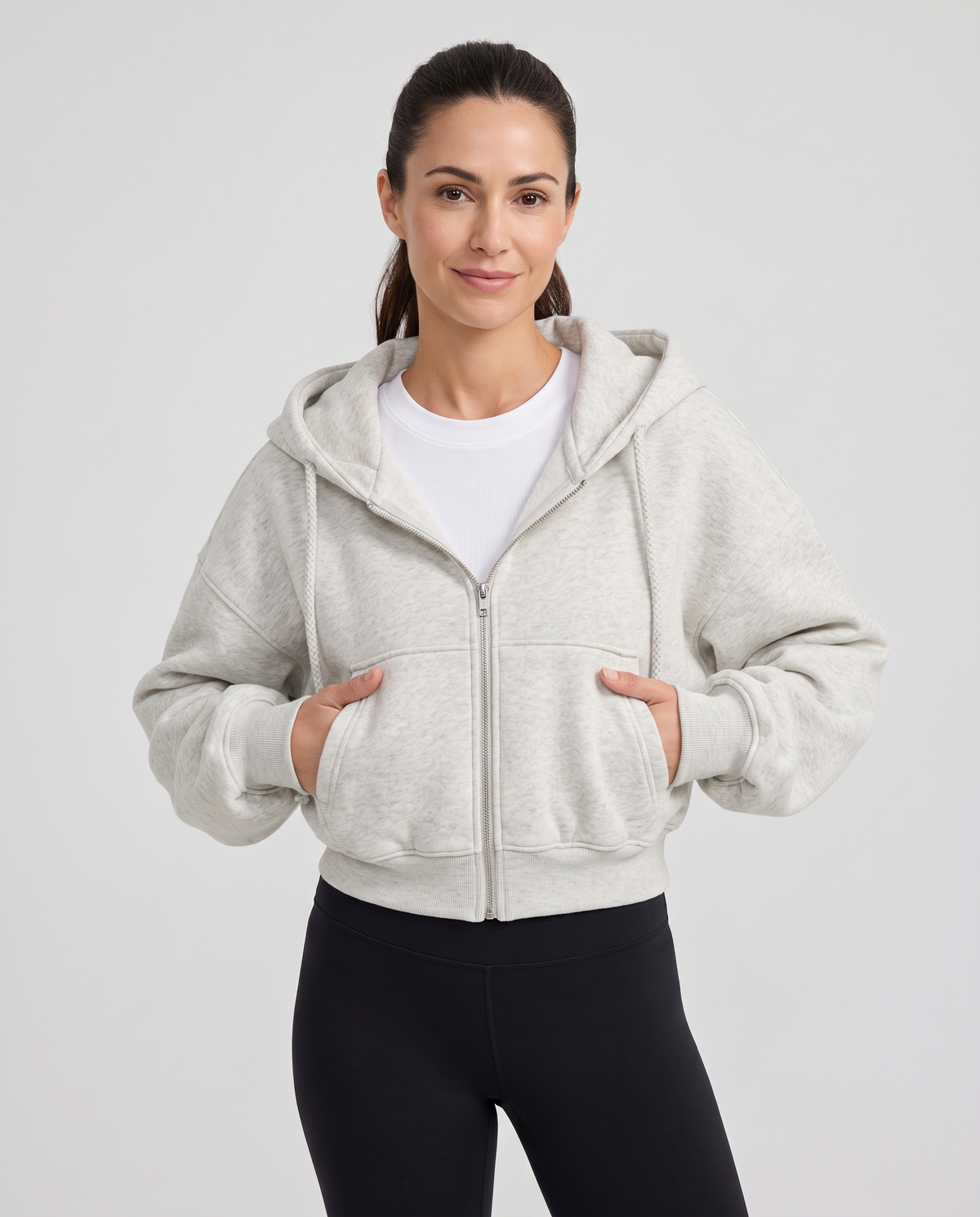 Lana Women's Cropped Zip Up Hoodie - Light Heather Grey