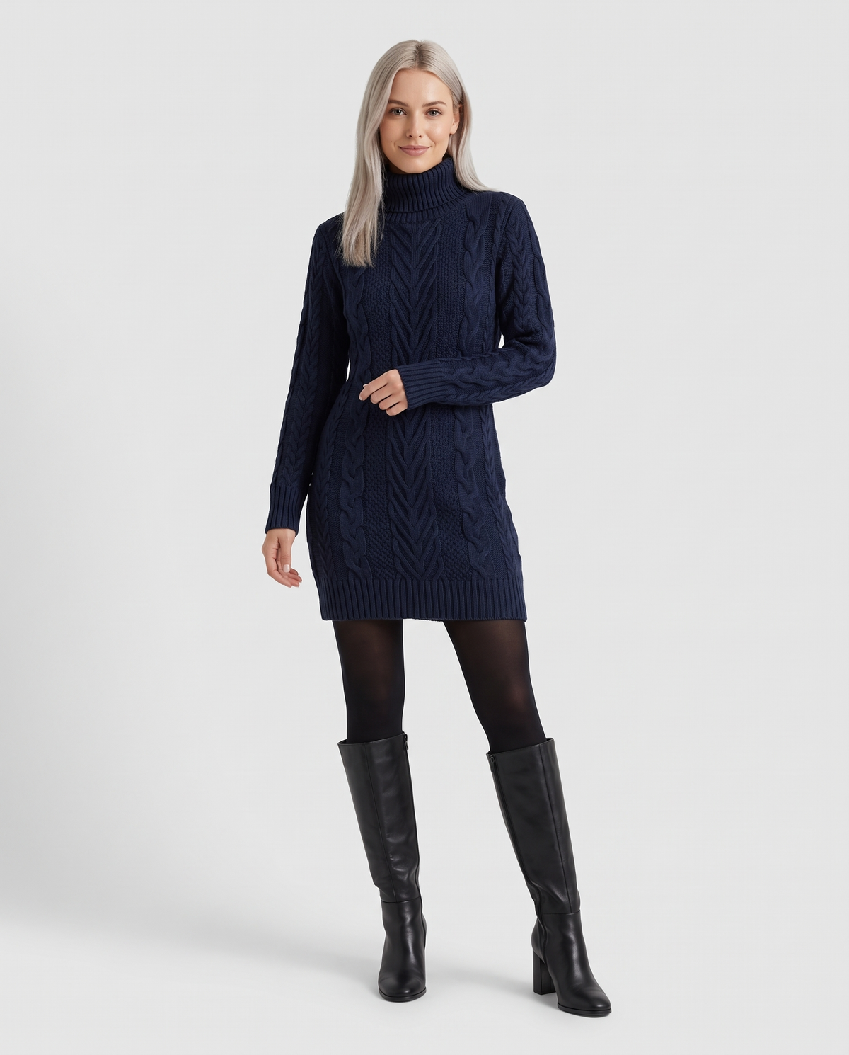 Long Sleeve Cable Knitted Jumper Dress in Blue