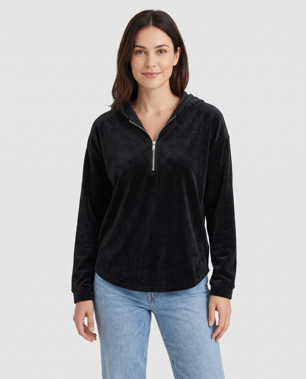 Mairi Women's Velvet Quarter Zip Hoodie - Black