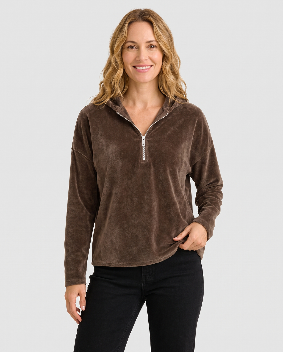 Mairi Women's Velvet Quarter Zip Hoodie - Brown