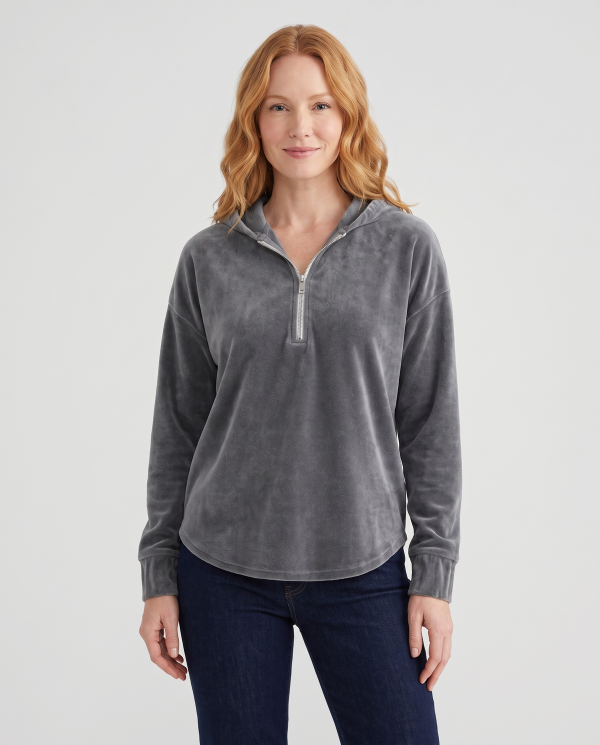 Mairi Women's Velvet Quarter Zip Hoodie - Grey