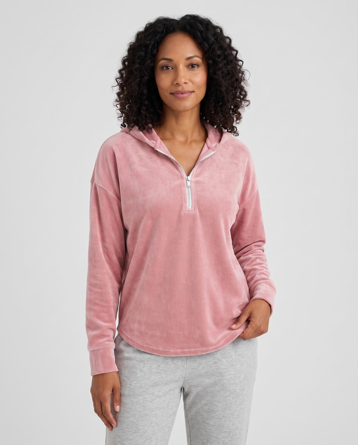 Mairi Women's Velvet Quarter Zip Hoodie - Pink