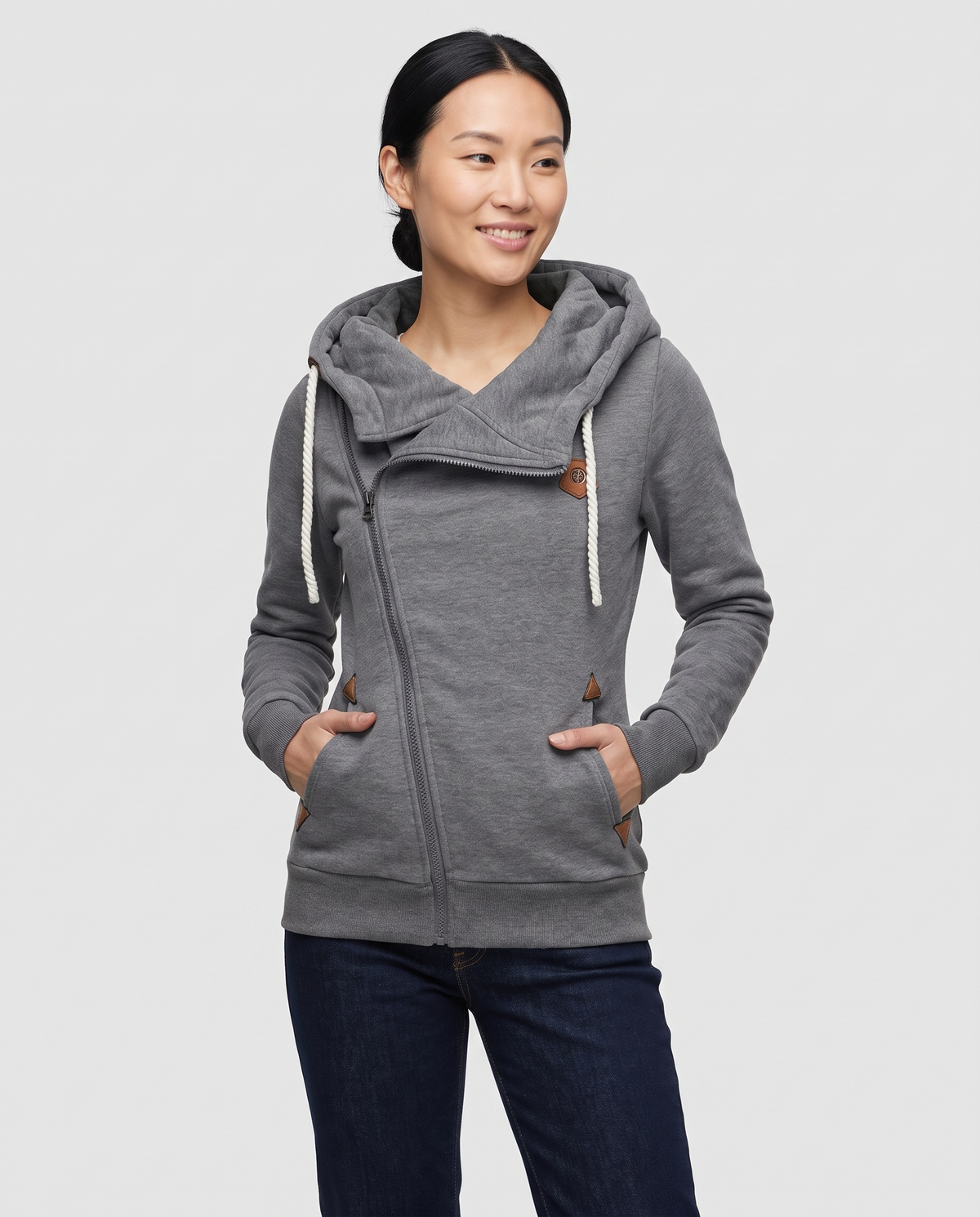 Moira Women's Asymmetric Zip Up Hoodie - Grey