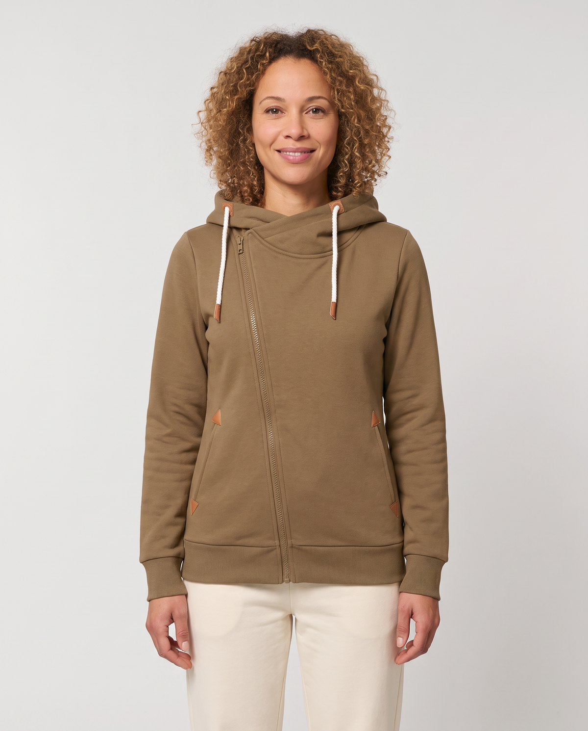 Moira Women's Asymmetric Zip Up Hoodie - Khaki