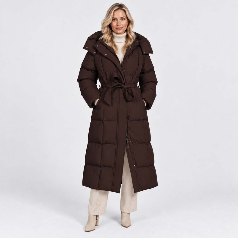 Beth Women's Winter Hooded Quilted Long Puffer Coat - Brown