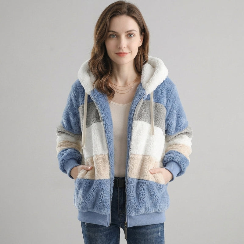 Iona Women's Faux Fur Jacket - Blue Stripes