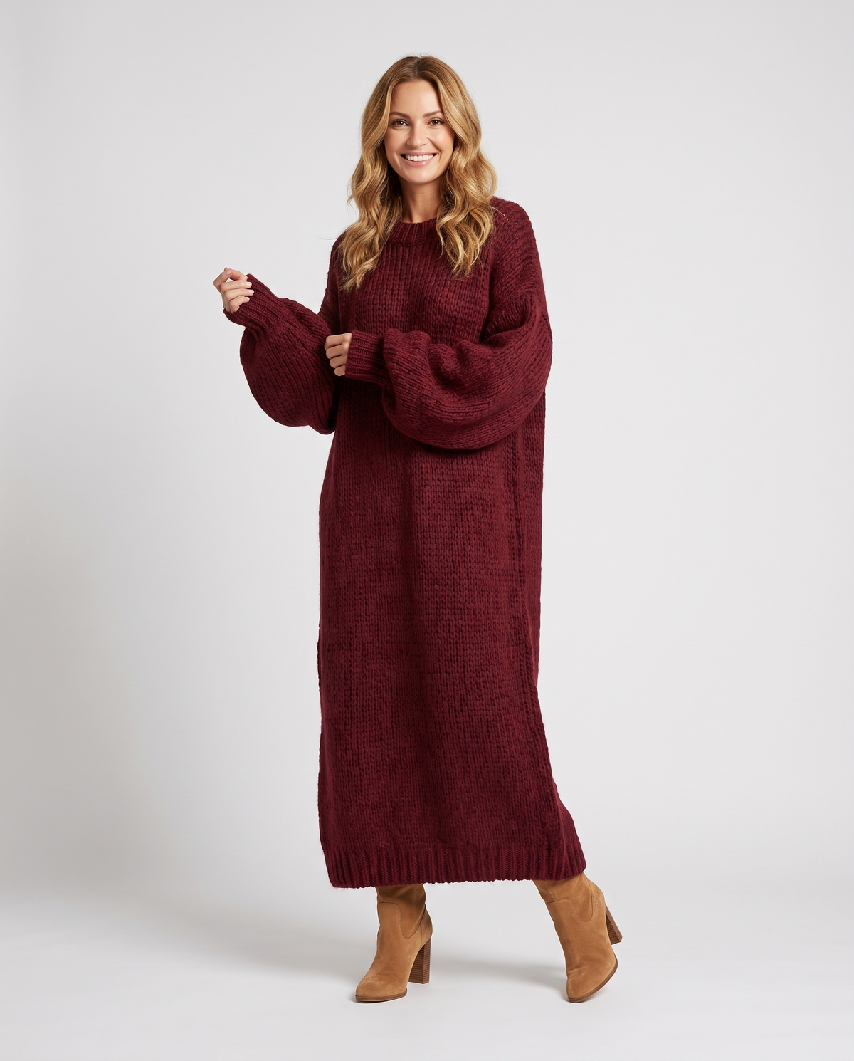 Oversized Maxi Knitted Jumper Dress in Burgundy