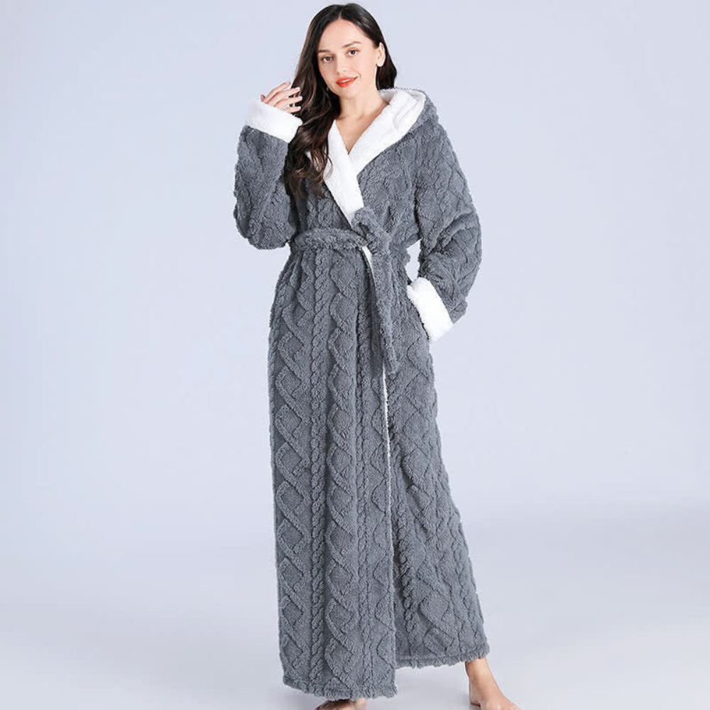 Hester Long Fleece Hooded Dressing Gown - Grey