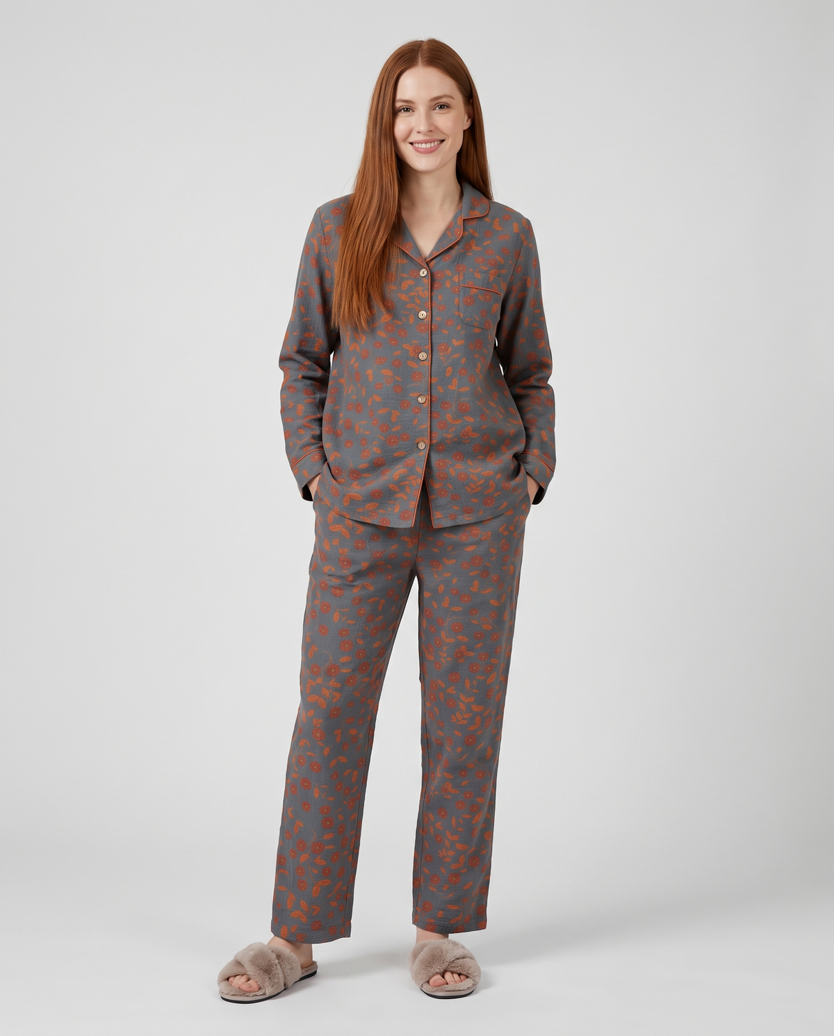 Printed Button Front Pyjama Lounge Set in Grey
