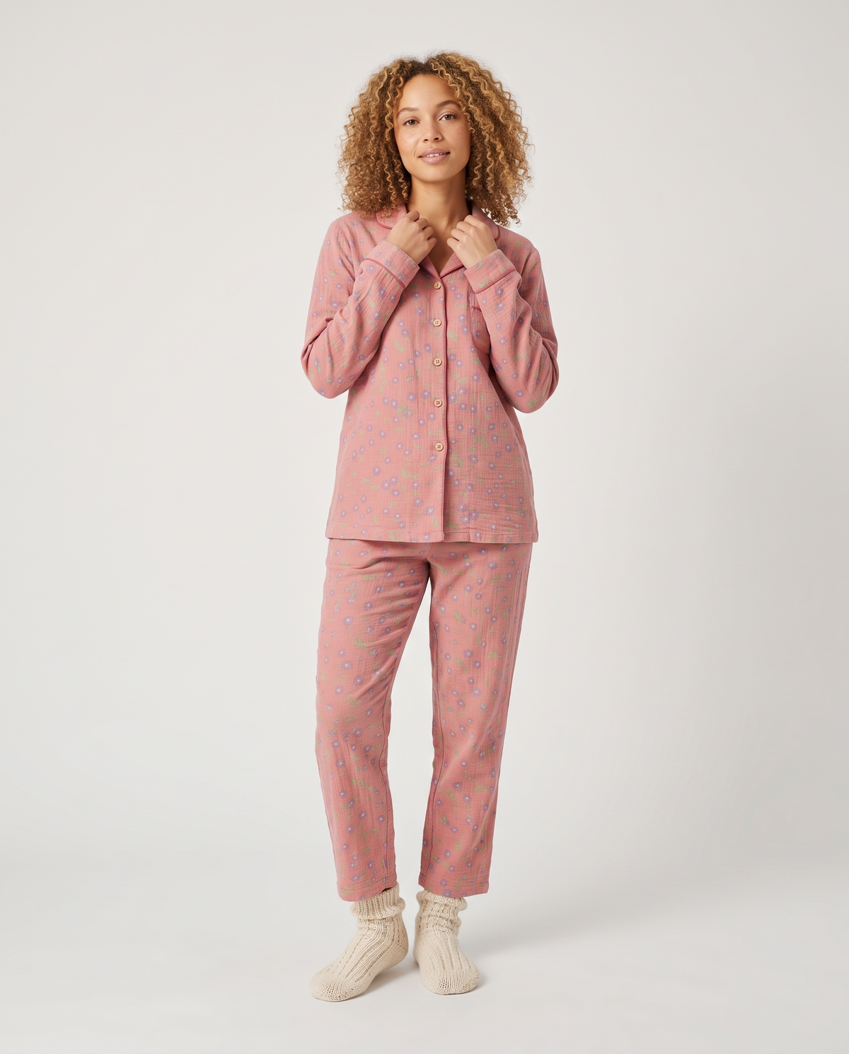 Printed Button Front Pyjama Lounge Set in Pink