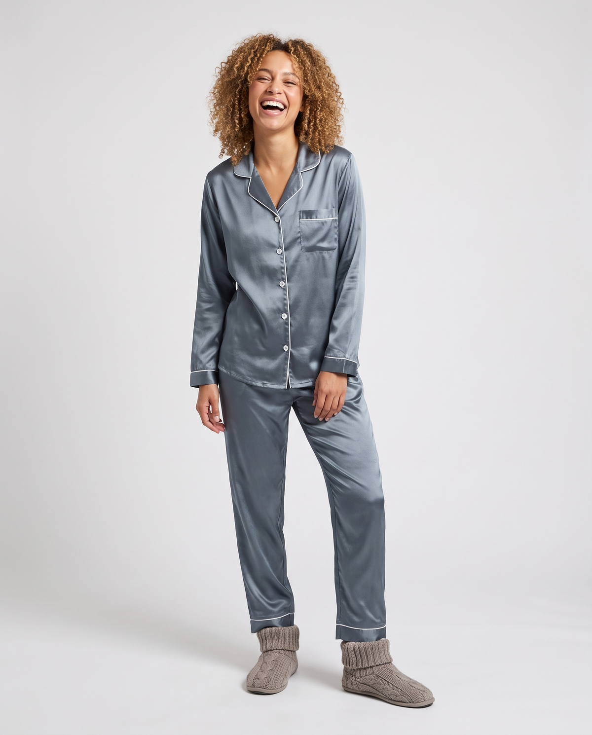 Satin Button Front Pyjama Lounge Set in Grey