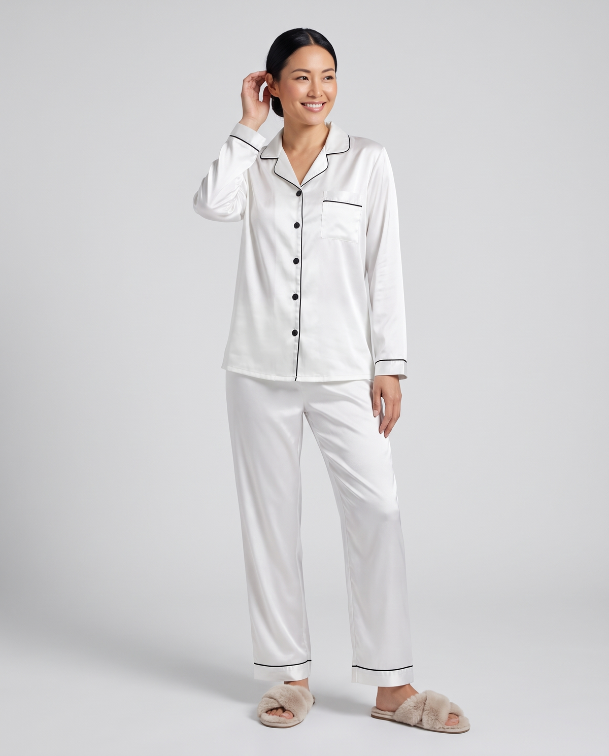 Satin Button Front Pyjama Lounge Set in White