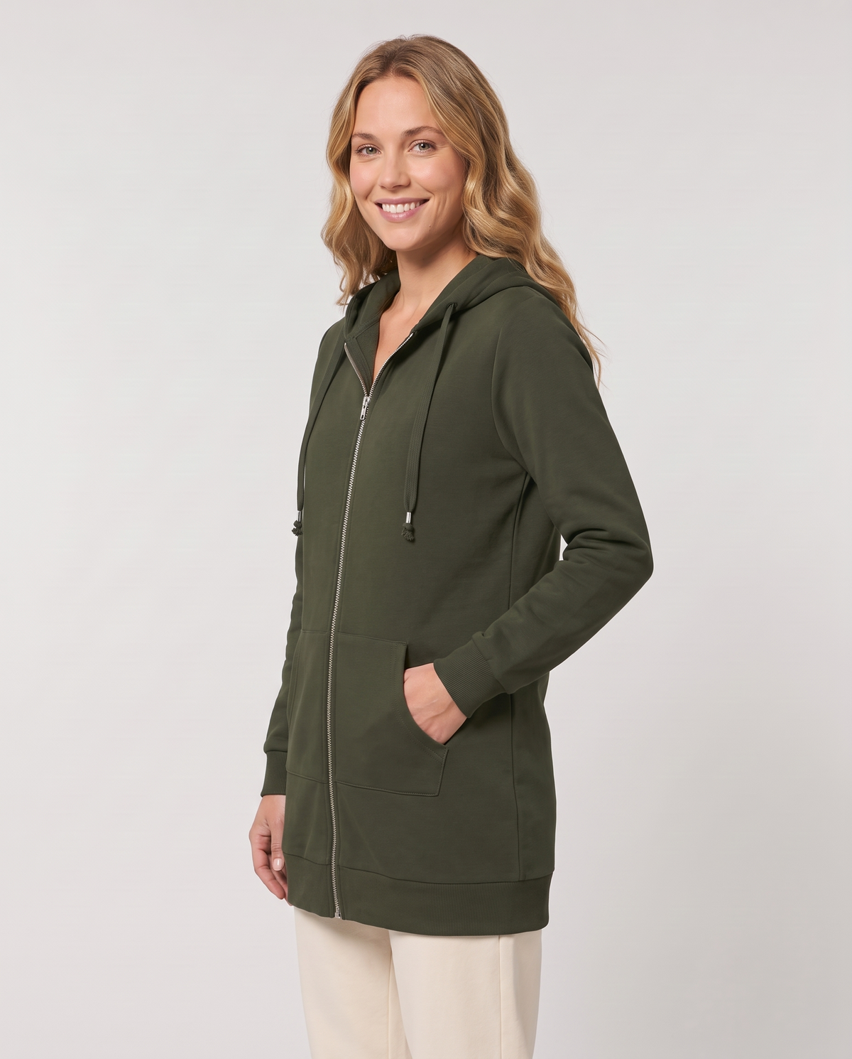 Shona Women's Longline Zip Up Hoodie - Army Green