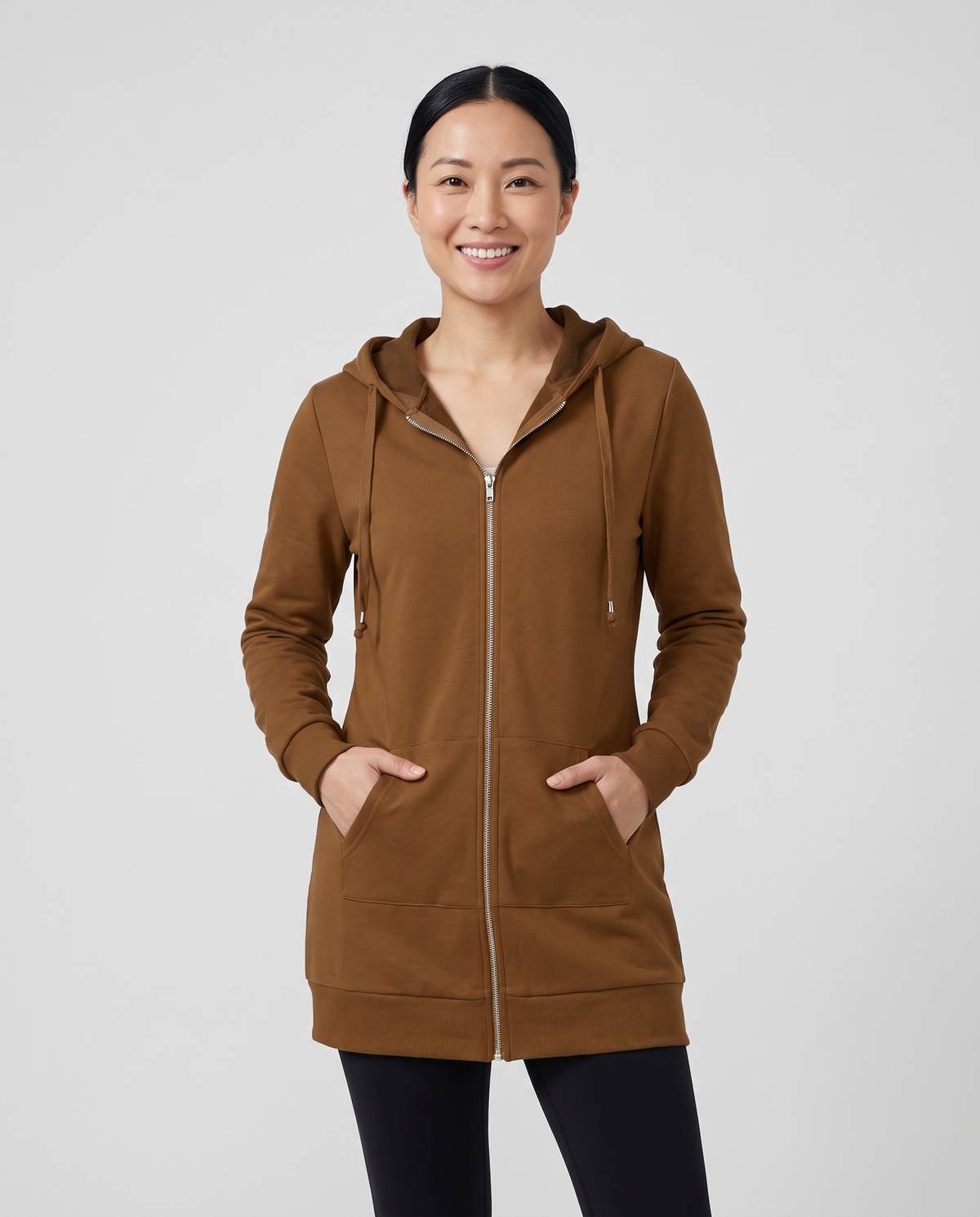 Shona Women's Longline Zip Up Hoodie - Brown