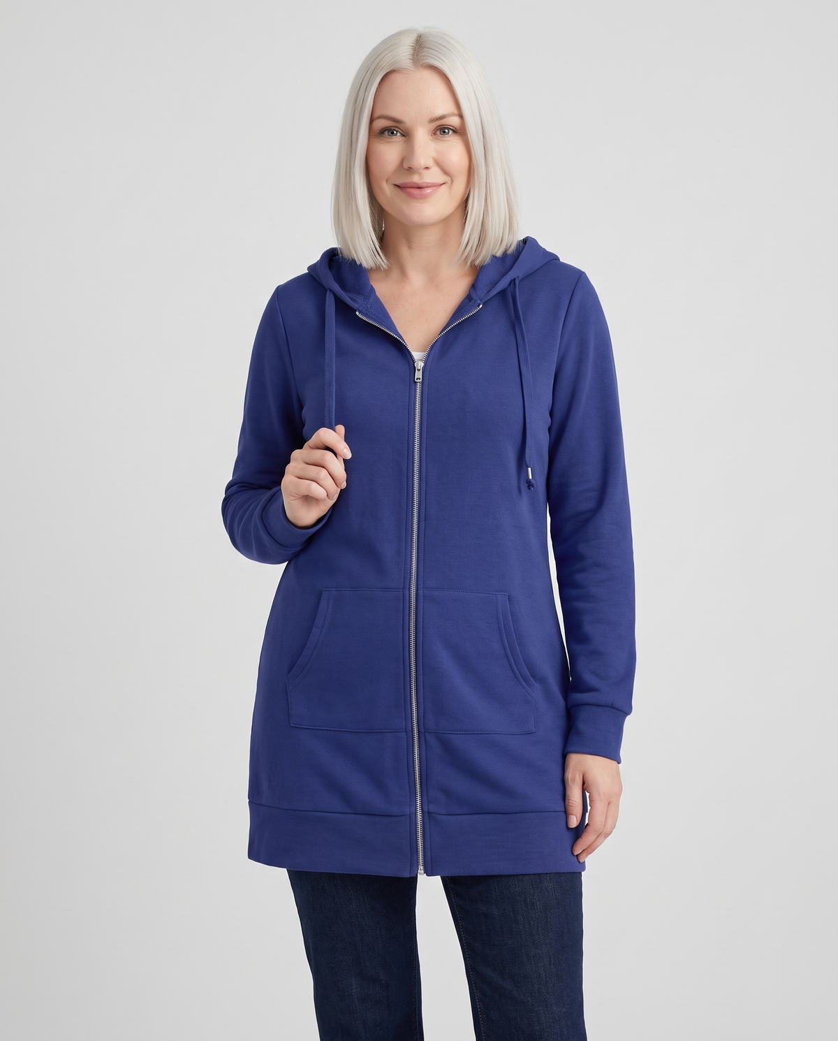 Shona Women's Longline Zip Up Hoodie - Dark Blue