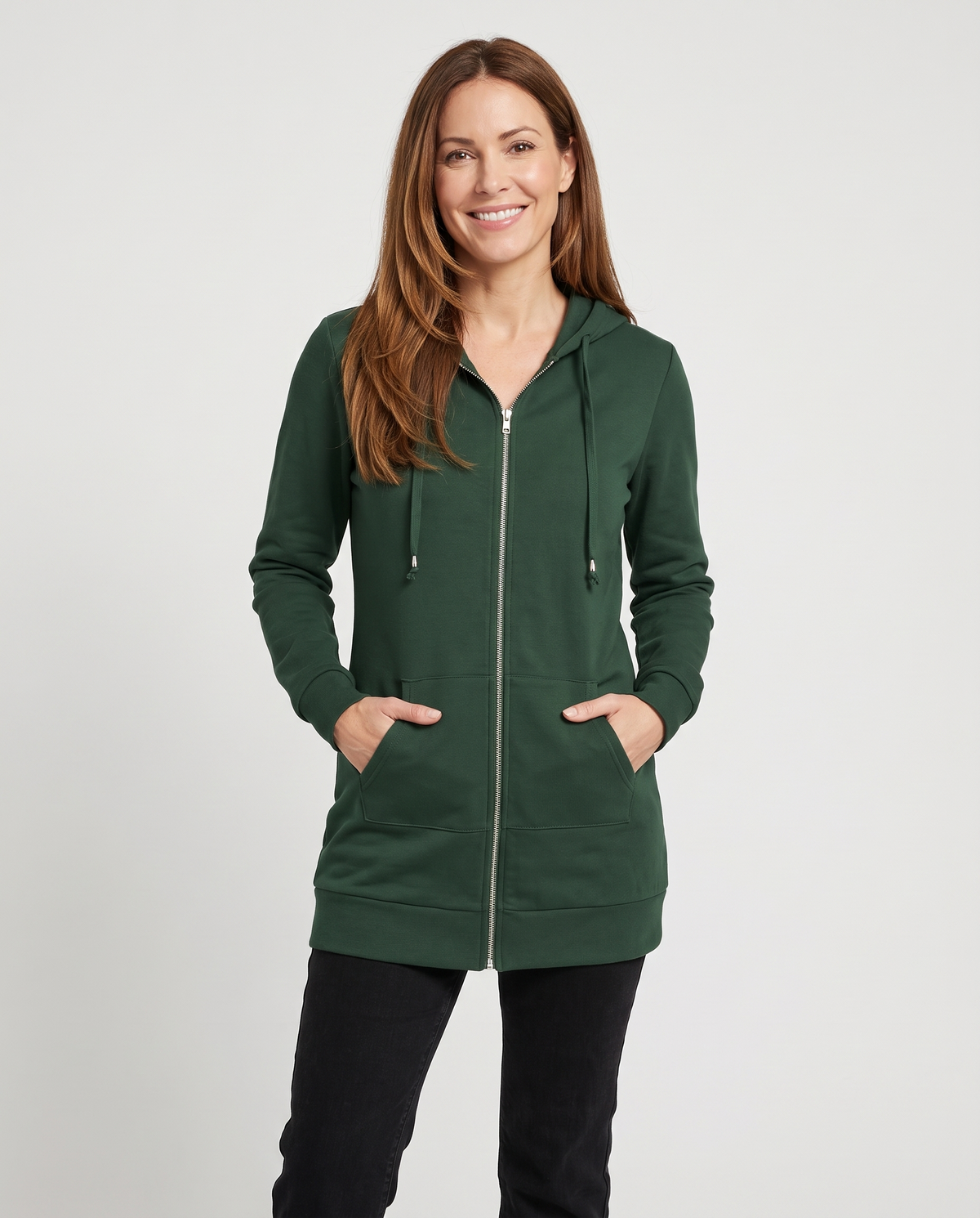 Shona Women's Longline Zip Up Hoodie - Dark Green